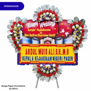 Jual Bunga Papan Pernikahan Gilded Grace 4 Jambul Merah Sage Green Desain Love Kirim ke tempat resepsi di Purwokerto