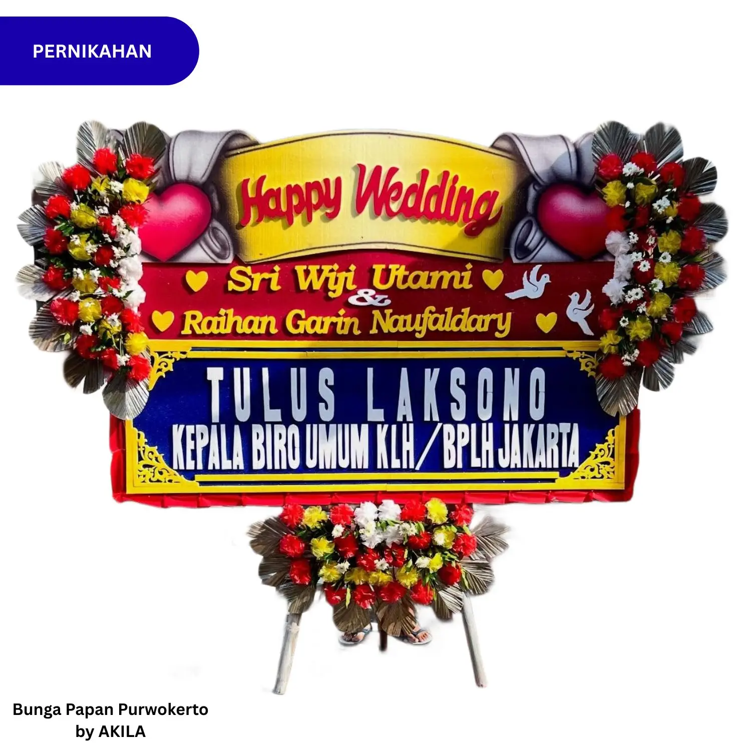 Jual Bunga Papan Pernikahan Grand Celebration Love Desain 3 Jambul Merah Kuning Bebas Ongkir kirim ke Hotel Aston Purwokerto
