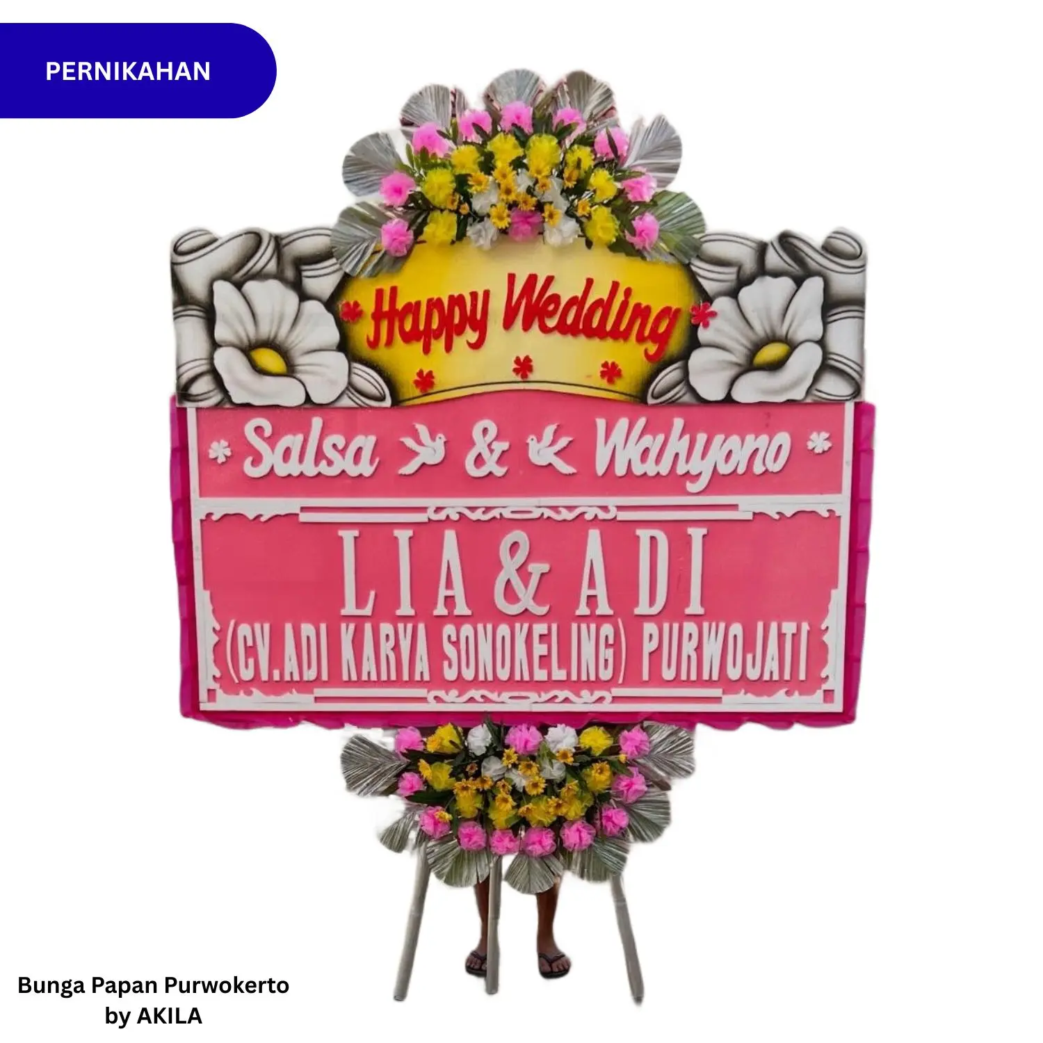 Bunga Papan Pernikahan Purwokerto Warna Pink 2 Jambul Diamond Wishes kirim rumah resepsi area purwokerto