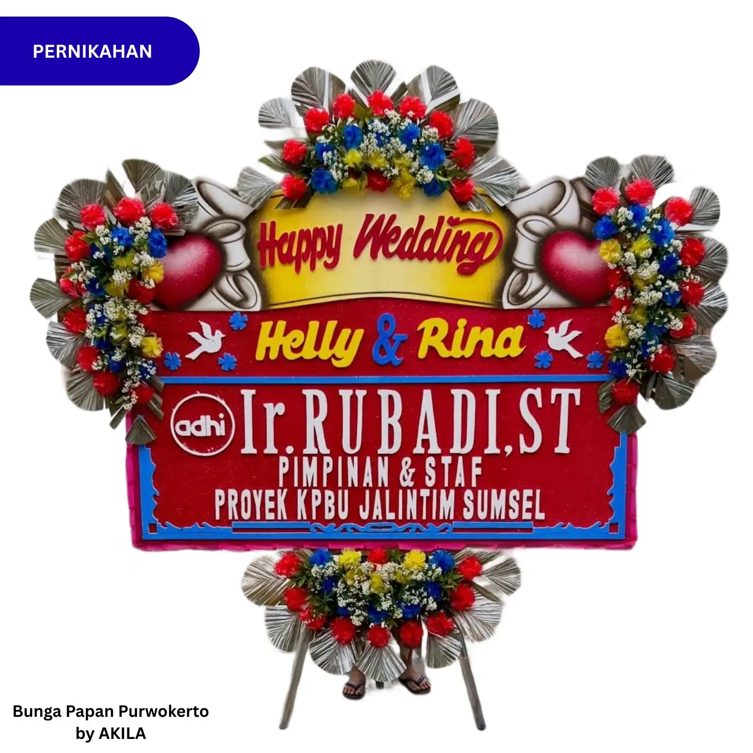 Bunga Papan Pernikahan Radiant Future 4 Jambul Warna Merah Kirim ke hotel acara wedding di Purwokerto